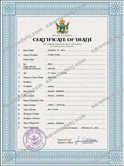 Zimbabwe death certificate PSD template